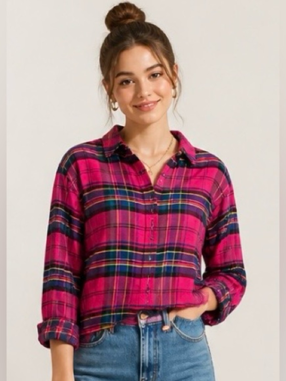 DIANE VON FURSTENBERG Vintage Button Down Shirt Top Plaid Flannel Pink Blue